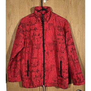 Vtg Y2K Chico's Red Silk Bomber Jacket Embroidered Art to Wear Women's Sz 0